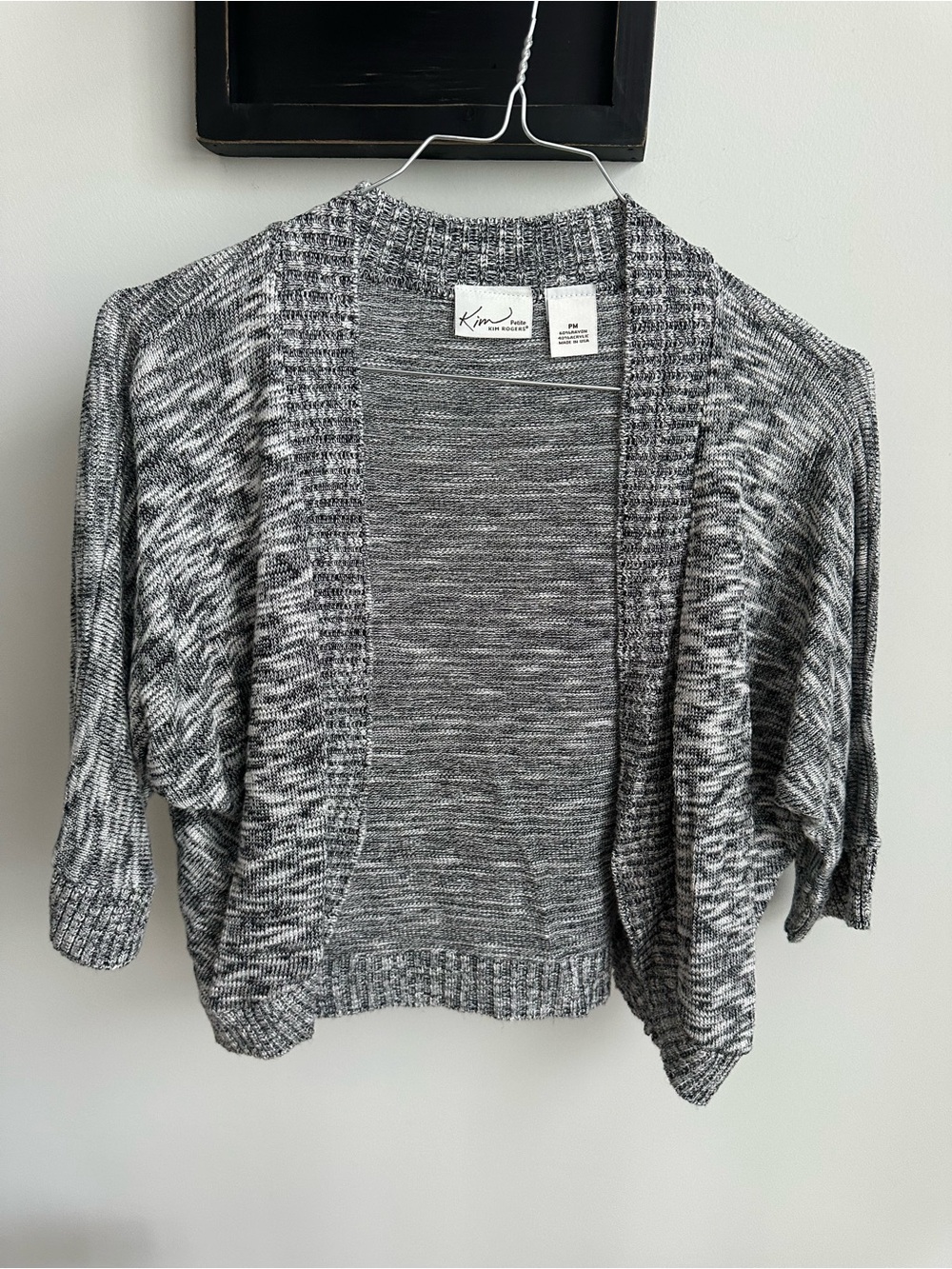 Kim Rogers Petite Medium Gray White Marled Slub Knit Short Sleeve Shrug Cardigan